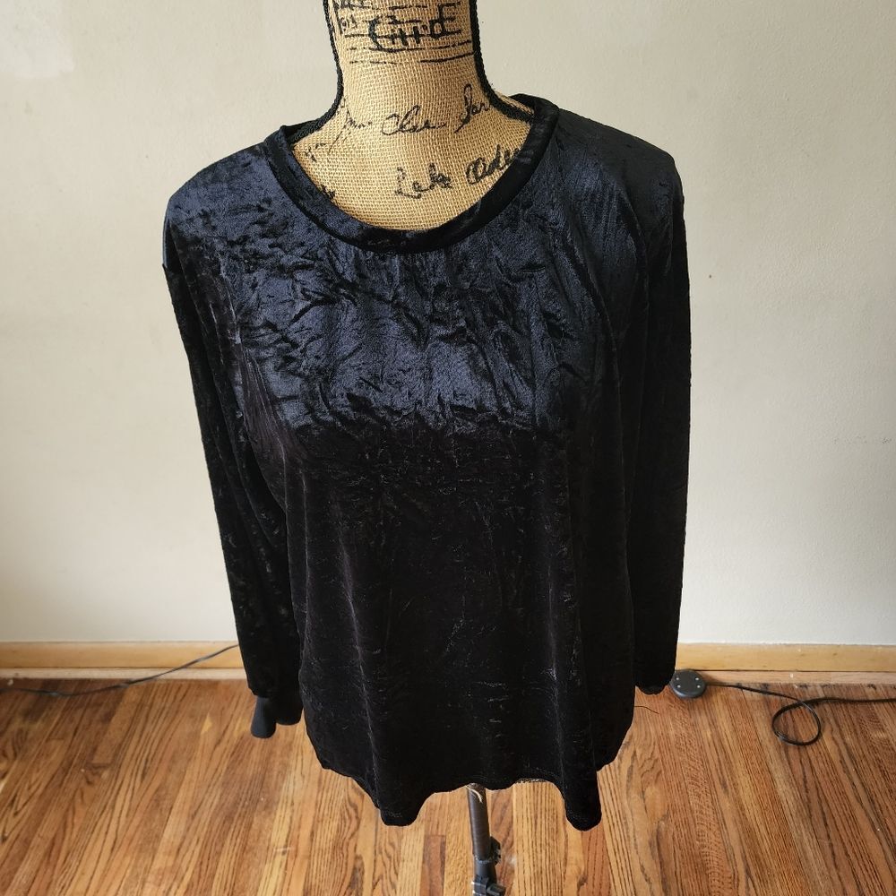 No Comment Black Crushed Velvet Long Sleeve Crew Neck Pullover Sweater Top Large